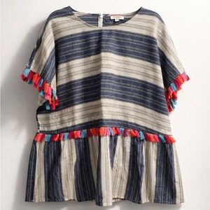 Andrew by Unit  blue and white stripped boho tassel top